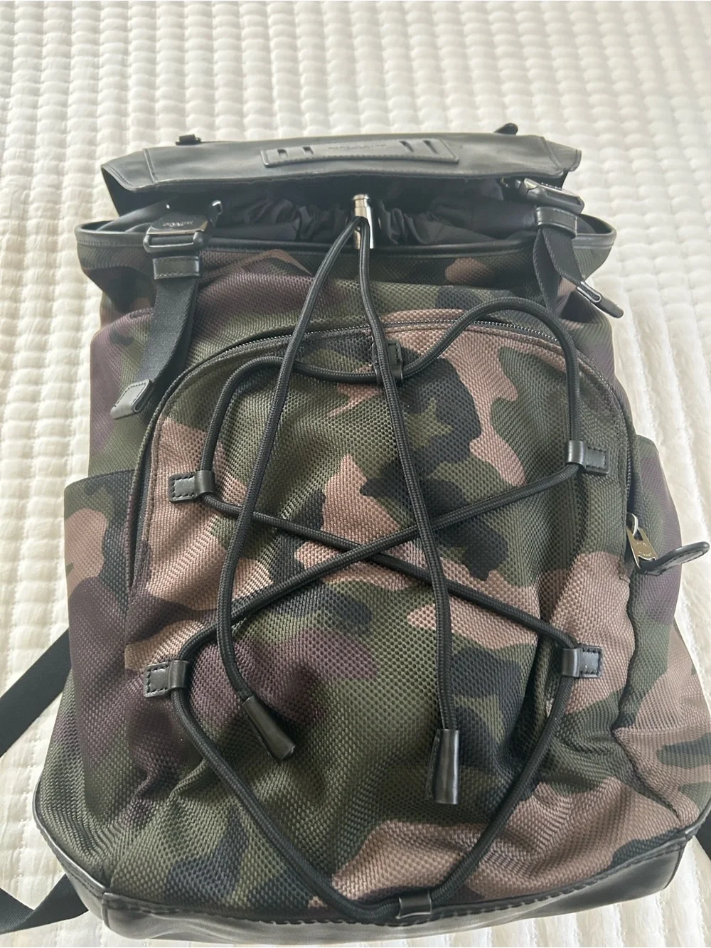 Coach Camouflage Drawstring Backpack w/ leather accents Black, Brown, Green